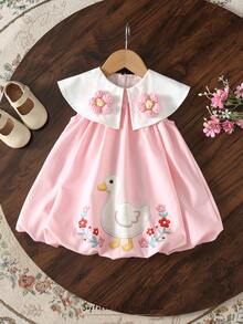 Cozy Pixies Baby Girl Floral Decor Cartoon Animal Embroidery Cute Dress - Pink - View 1