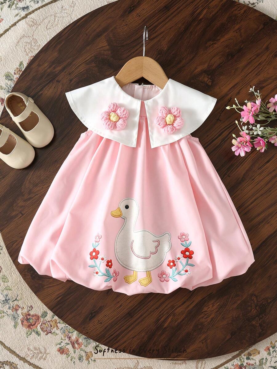 Cozy Pixies Baby Girl Floral Decor Cartoon Animal Embroidery Cute Dress - Pink - View 1