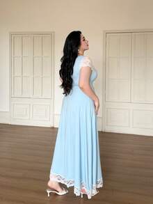Vibekara Vestido formal de manga corta con bloque de color y cuello de diamante acanalado, para ocasiones formales, talla grande - Azul y blanco - Ver 2