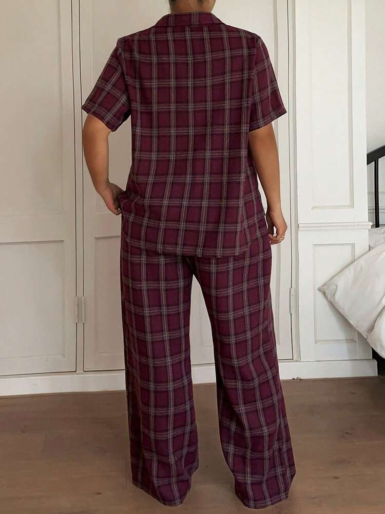 Dazy Plus 2pcs Plaid Pattern Short Sleeve Cardigan Shirt Top And Loose Straight Long Pants Pajama Set, Plus Size Women Summer Sleepwear, Red