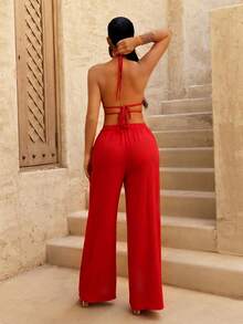 Sirith Women's Vacation Casual Backless Halter Top And Pants 2 Pieces Set - Red - View 2