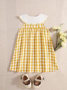 Souflis Souflis French Style New Embroidered Peter Pan Collar Plaid Casual Dress For Baby Girls - Yellow - View 3