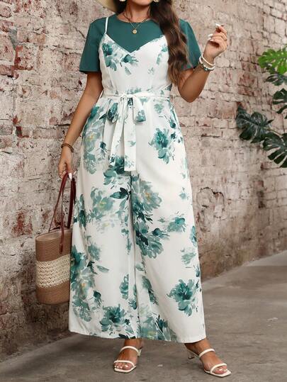 Ceyna Bộ áo liền quần in họa tiết dáng rộng, thắt lưng, cỡ lớn, kiểu dáng thường ngày.