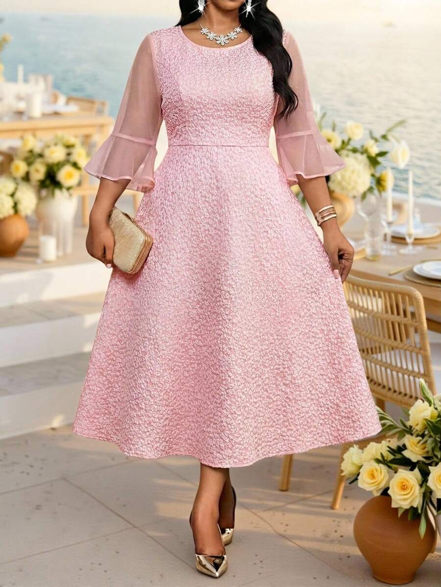 Fleurora Plus Size Women's Blush Pink Summer Elegant Formal Wedding Ninang Jacquard Splice Mesh Ruffle Sleeve Waist Cinched Dress For Party Graduation Prom