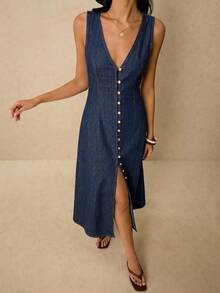 Poéselle Đầm denim nữ cổ chữ V cài một hàng khuy, không tay, kiểu dáng thường ngày. - Màu xanh lam - Xem 8