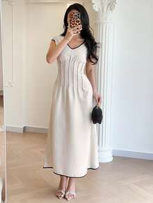 Modelyn New V-Neck Contrast Trim Raglan Sleeve Ruched Waist Slimming Elegant Korean Style Casual Everyday Versatile Dress - Khaki - View 5