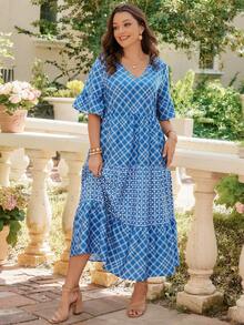 Rosumi Plus Size V-Neck Argyle Print Ruffle Hem Short Sleeve Dress - Baby Blue - View 4