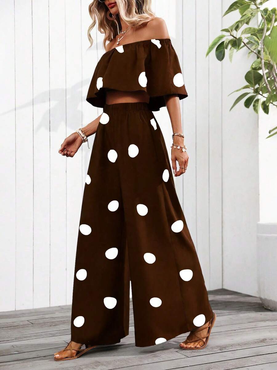 SHEIN PETITE 女款春夏新款露肩棕色波點兩件套,休閒波希米亞度假穿搭,小碼沙灘裝 - 咖啡棕 - 查看 1