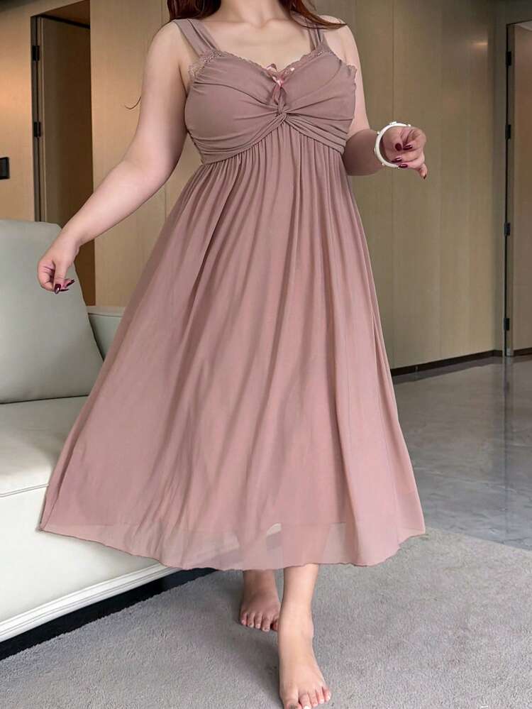 Dazy Plus Plus Size Solid Color Mesh Fitted Bow Tie Sexy Sleeveless Slip Dress, Long Pink Spring/Summer Nightgown