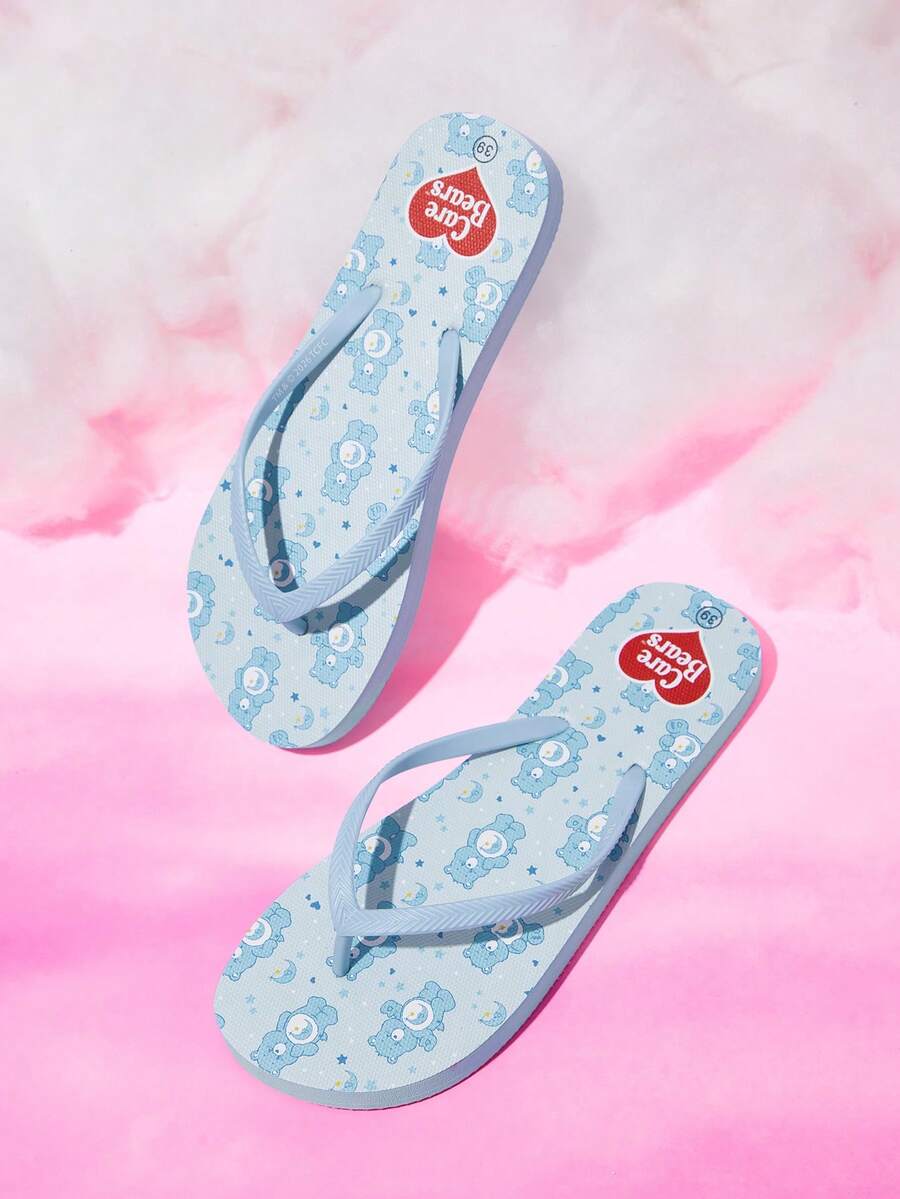 SHEIN X Care Bears 女款可愛卡通夾腳拖鞋 夏季卡通彩虹印花防滑度假沙灘涼鞋 - 淺藍色 - 查看 1