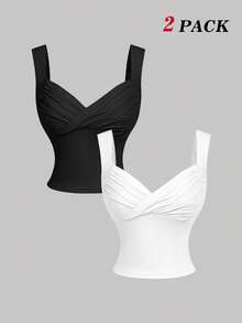 SHEIN MOD 2 chiếc áo hai dây dệt kim nhún bèo màu trắng và đen dành cho nữ - Đen và trắng - Xem 2