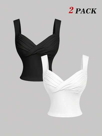 SHEIN MOD 2件装 女士白色和黑色褶皱针织吊带背心