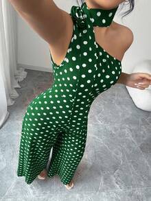 GlowEve CURVE Plus Size Women's Elegant Black & White Polka Dot Asymmetrical Shoulder Jumpsuit, Suitable For Commuting, Spring/Summer - Green - View 8