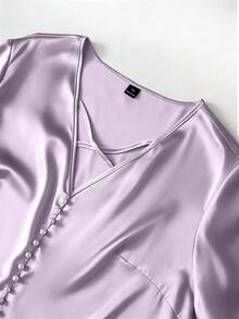 GlowEve CURVE Áo sơ mi tay ngắn dáng suông, chất liệu satin lụa bóng, bóng mượt, cỡ lớn, đính ngọc trai, thích hợp mặc đi làm, hẹn hò. - Màu Lilac Tím - Xem 7