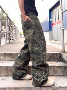 ROMWE MEN Quần jean denim nam họa tiết rằn ri thêu ngôi sao - xanh quân đội - Xem 2