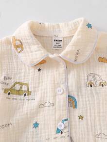 2pcs Baby Boy Casual Car Graphic Woven Short Sleeve Top And Relaxed Pants Set, Comfortable Outfit - Apricot - View 5
