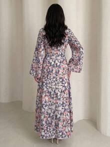 Yasmyna Women's Spring/Summer Woven Digital Printed Long Sleeve Embroidered Ruffle Drawstring Waist A-Line Elegant Romantic Arabic Dress Elegant Dress - Multicolor - View 2