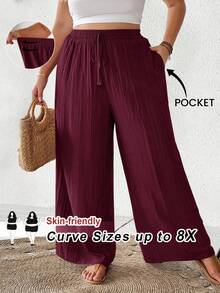 SHEIN CURVE+ 大尺碼女款夏季海灘時尚休閒商務通勤優雅寬腿褲，口袋度假風夏季假期海灘穿搭 - 中紫紅色 - 查看 1