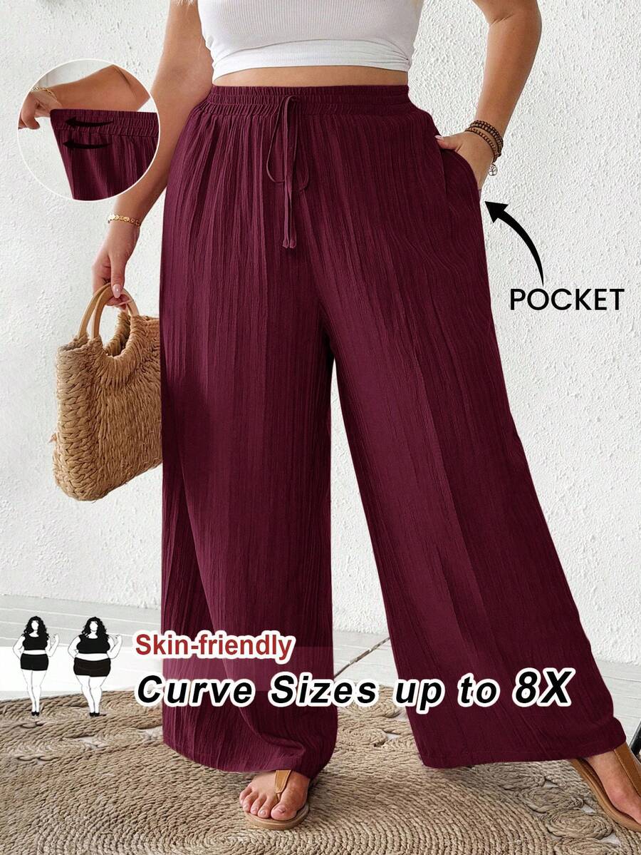 SHEIN CURVE+ 大尺碼女款夏季海灘時尚休閒商務通勤優雅寬腿褲,口袋度假風夏季假期海灘穿搭 - 中紫紅色 - 查看 1
