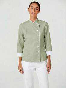 TaskEZ Women's Contrast Color Button-Up Collar Long Sleeve Work Uniform Chef Jacket In 3- 4th Sleeve For Women - Mint Green - View 5