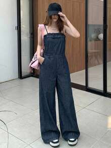 Livesso Bộ jumpsuit denim nữ màu trơn, túi xéo, kiểu dáng thường ngày, có dây đeo. - Rửa tối - Xem 2