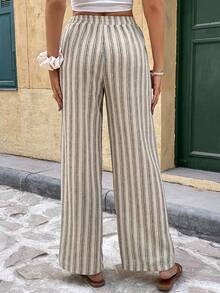 SHEIN Tall CURVE 大码女式抽绳腰带条纹休闲百搭阔腿裤，适合日常穿着 - 彩色 - 查看 4