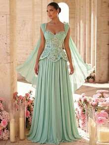 Glamrae Luxurious Lace Sequin Chiffon Formal Ball Gown,Elegant Dignified Pleated Super-Sized Skirt Dress For Wedding,Bachelorette Party,Vacation&Formal Dinner - Grass Green - View 5