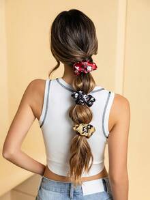 SHEIN Felix The Cat Pack Of 3, Cute, Fashionable, Soft Gloss, Large Intestine Ring, Cartoon Printed Hair Band, Gold & Red & Black, Cat, Suitable For Beauty Use, High Ponytail. - 彩色 - 查看 5