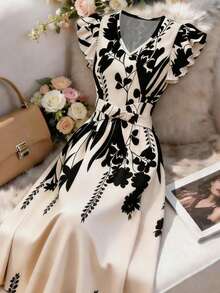 SHEIN Franclia 女士时尚休闲喇叭袖简约印花连衣裙，收腰喇叭裙，适合夏季休闲、春夏通勤、居家、约会、日常、夏季、派对、海滩、毕业典礼、商务办公等场合，百搭日常穿着，V领扭腰连衣裙，收腰喇叭裙，海滩装、夏季装、度假套装、海边套装、女士夏季套装 - 彩色 - 查看 5