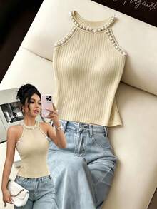GlowEve Women's Elegant Romantic Elegant Wedding Style Solid Color Faux Pearl Decor Ribbed Knit Halter Neck Top, Summer Dinner Date Date Night Apricot - Apricot - View 1