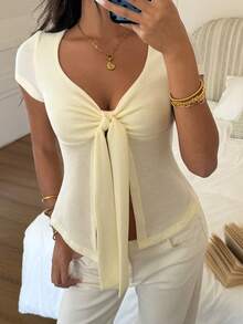 SHEIN EZwear 杏色前領結短袖女款T恤，夏季上衣 - 淡黃色 - 查看 7