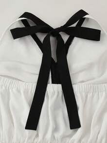 SHEIN Franclia Bộ áo liền quần nữ thanh lịch, màu đen trắng, phối nơ kim loại, thích hợp cho công sở. - trắng - Xem 4