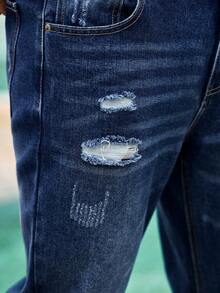 Mercer Haus Men Ripped Straight Leg Jeans - Dark Wash - View 7