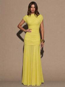 SHEIN BAE Đầm ôm sát không tay cổ tròn xếp ly màu đỏ tía dành cho nữ, đầm dài thanh lịch hiệu Venus Lady, thích hợp cho kỳ nghỉ, lễ hội, Giáng sinh, tiệc tùng, hẹn hò, sinh nhật. - Màu vàng - Xem 5