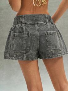 Bohemela Quần short denim nữ cạp thấp kiểu vintage, lưng thun co giãn. - Màu xanh nhạt - Xem 2