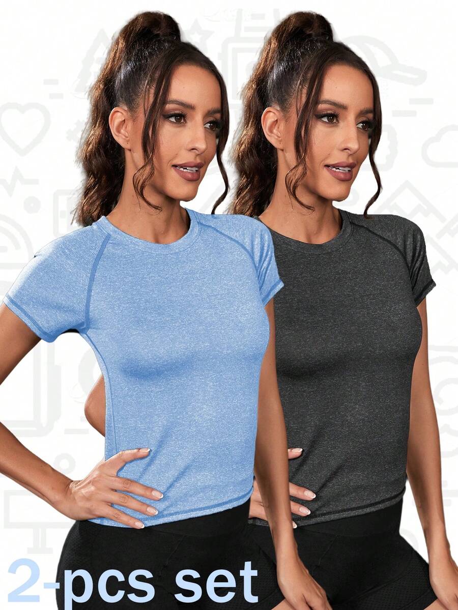 Velisys Velisys 2 piezas Camiseta deportiva de mujer de cuello redondo y manga corta, ajustada y entallada para correr, fitness, yoga - Negro - Ver 1