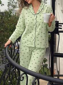 DAZY 2pcs Cute Bow & Cherry Print Contrast Color Embroidered Collar Women Pajama Set, Spring/Summer - Green - View 5