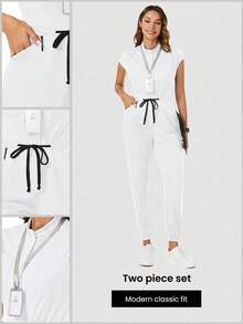TaskEZ Solid Color Mandarin Collar Short Sleeve Tie-Front Scrub Uniform Jumpsuit - White - View 1