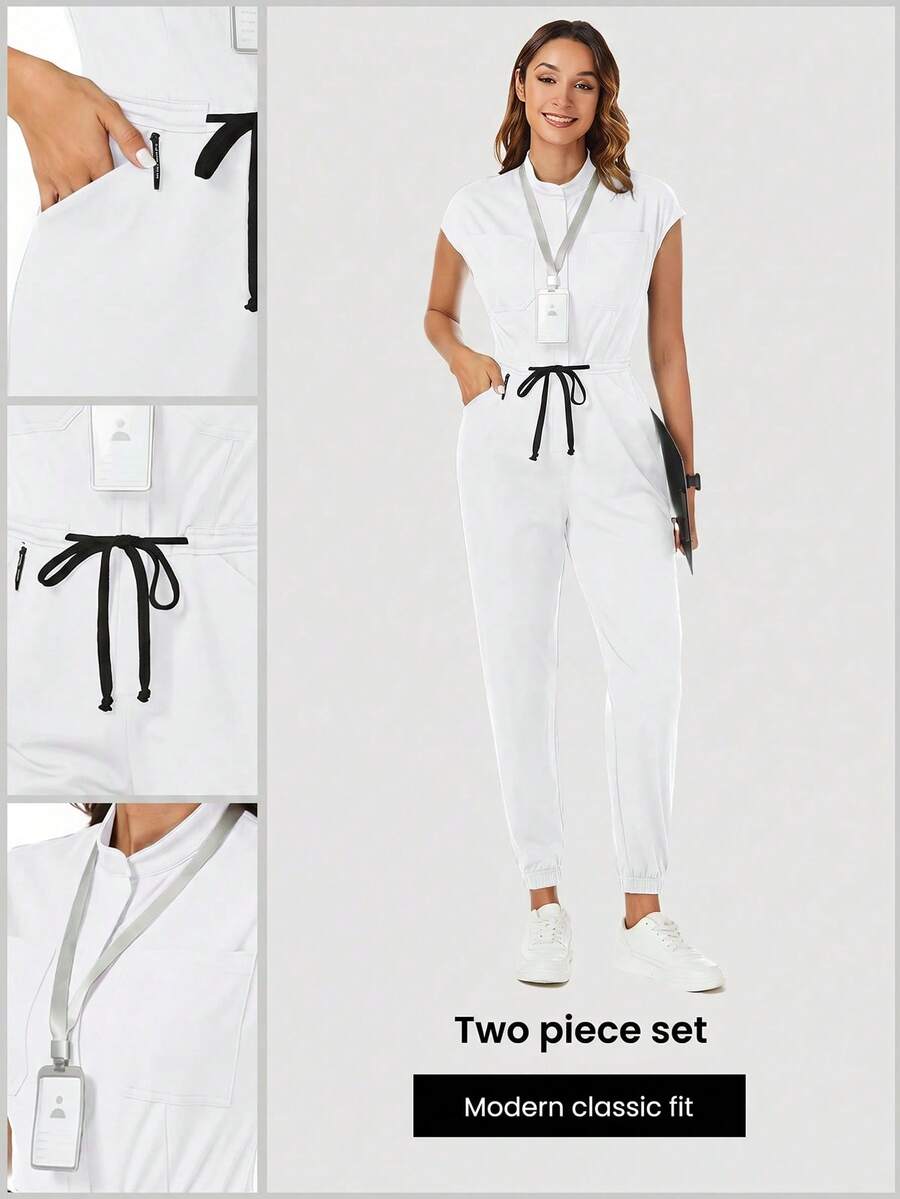 TaskEZ Solid Color Mandarin Collar Short Sleeve Tie-Front Scrub Uniform Jumpsuit - White - View 1
