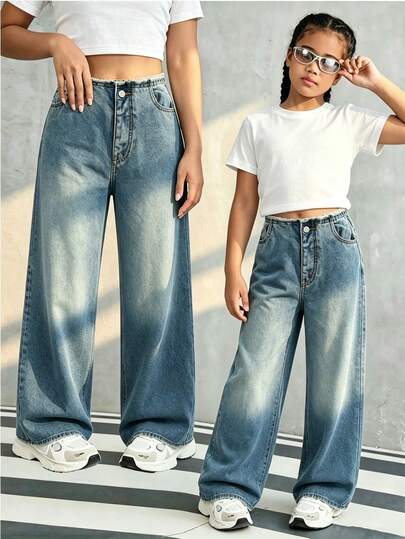 Tween Girls Vintage Washed Blue Jeans, Casual & Versatile, Loose Fit Flattering Silhouette, Frayed Hem Design Suitable For Daily, Outing, Beach, School, And Other Occasions
