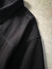 ROMWE MEN 男士休闲纯色金属扣短袖牛仔衬衫，夏季 - 黑色 - 查看 5