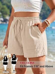 SHEIN Tall CURVE Quần short nữ cỡ lớn, kiểu dáng đơn giản, tối giản, thường ngày. - Màu be - Xem 2