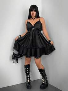 Whyspr Đầm slip cổ chữ V xếp nếp dành cho nữ cỡ lớn, phong cách Gothic Punk, thích hợp cho lễ hội âm nhạc. - màu đen - Xem 7