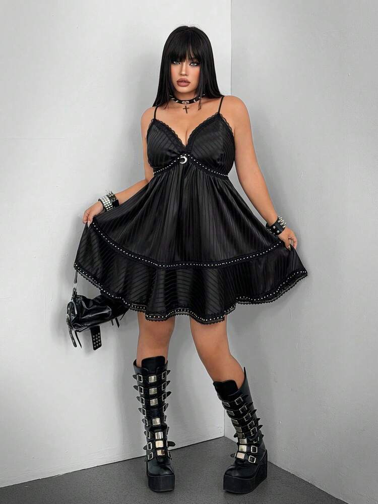 Whyspr Đầm slip cổ chữ V xếp nếp dành cho nữ cỡ lớn, phong cách Gothic Punk, thích hợp cho lễ hội âm nhạc. - màu đen - Xem 7