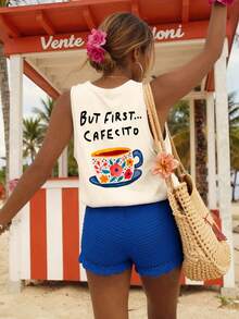 DrmWander Áo tank top nữ dáng rộng, cổ tròn, in chữ, thích hợp mặc mùa hè. - Màu be - Xem 3