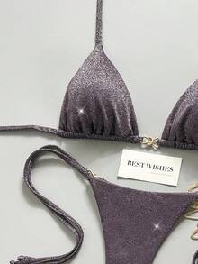 Swim Vcay Bộ bikini nữ màu trơn, chất liệu vải bóng, dây mảnh, trang trí kim loại, thích hợp cho kỳ nghỉ biển. - Màu tím - Xem 4