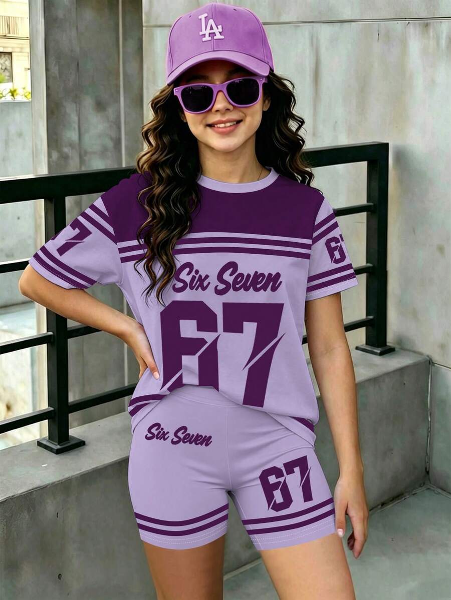 一套少女休闲运动撞色条纹印花67 SIX SEVEN短袖T恤和短裤套装,可爱夏季外出装,舒适夏季服装 - 彩色 - 查看 1