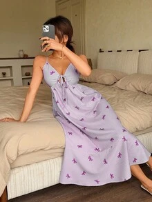 Napfluff 女士可爱蝴蝶结条纹印花抽绳系带A字吊带睡裙 - 彩色 - 查看 4