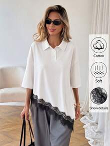 Easowa Áo thun ngắn tay nữ phối ren, kiểu dáng thường ngày đa năng; Áo polo nữ màu trắng bằng cotton với viền ren đen; Áo thun nữ màu trắng pha cotton với viền ren tinh tế và thiết kế bất đối xứng độc đáo; Áo mùa hè màu trắng. - trắng - Xem 2