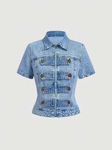Sweetra Chaqueta vaquera de manga corta con cremallera informal para mujer, de verano - Azul - Ver 5
